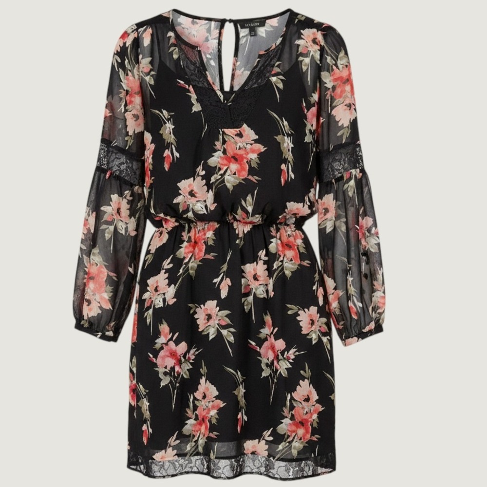 White House Black Market Floral Mini Dress Women 4 Black Lace Trim Chiffon Boho